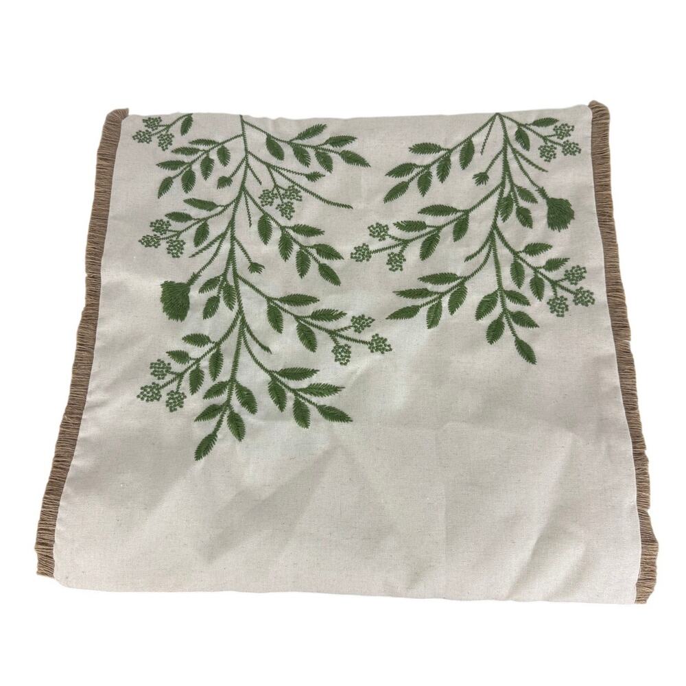 NWOT Decorative Embroidered Vines Boho Green/Beige Fringe Pillow Cover 17x17